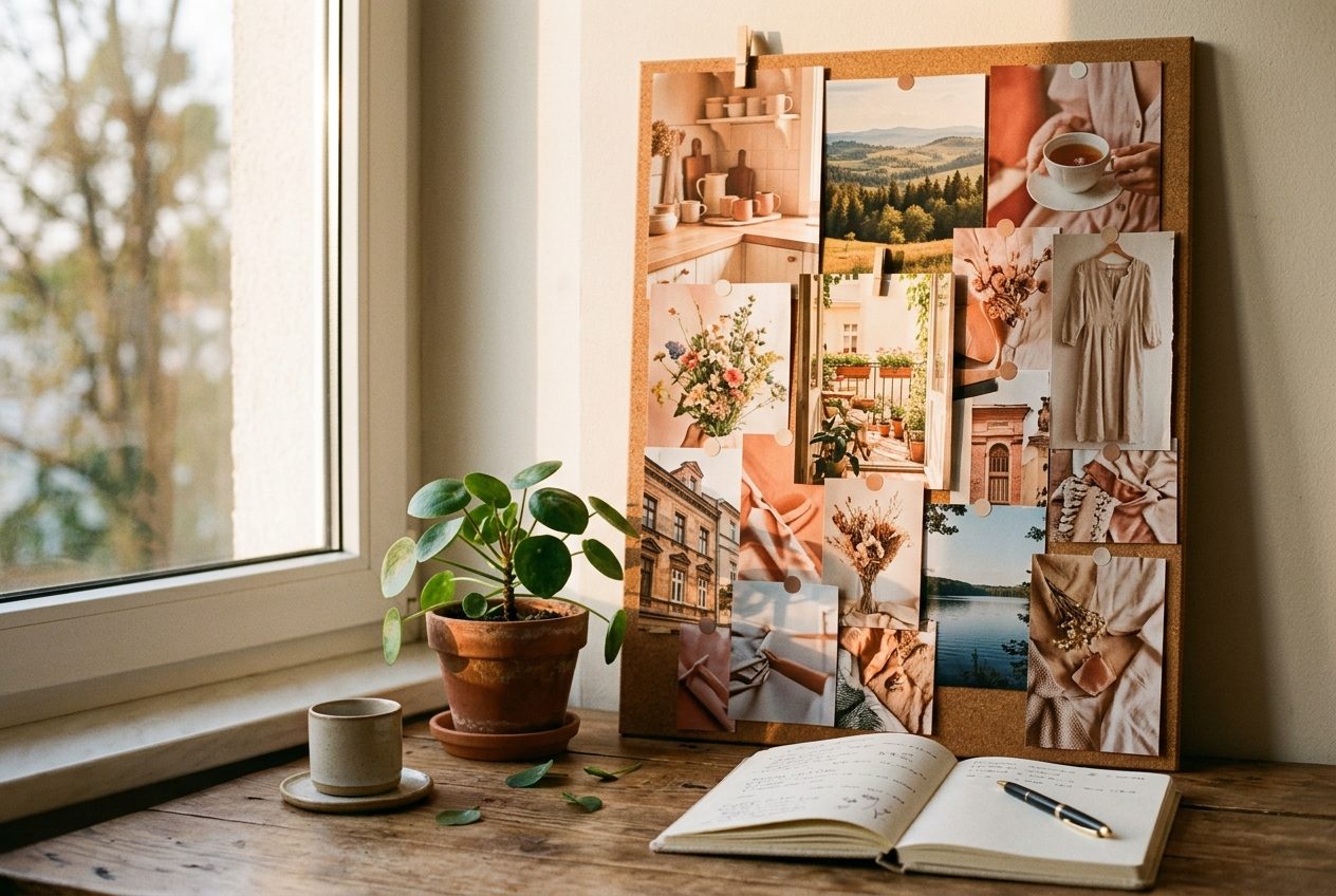 Vision board z wycinkami z gazet, doniczka z rośliną, ciepłe światło zachodzącego słońca