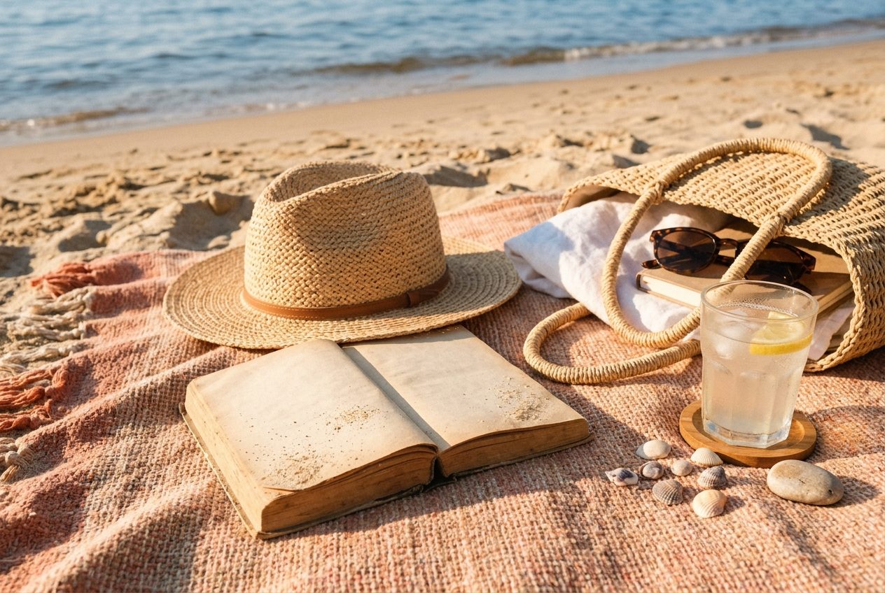 Książka kryminalna na plażowym kocu obok okularów przeciwsłonecznych i kapelusza, w tle Bałtyk