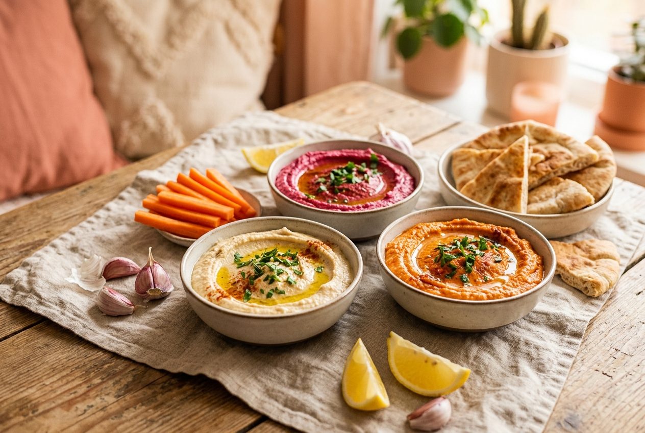 Domowy hummus w miseczce z oliwą i papryką, marchewka i pieczywo obok, w słonecznej kuchni