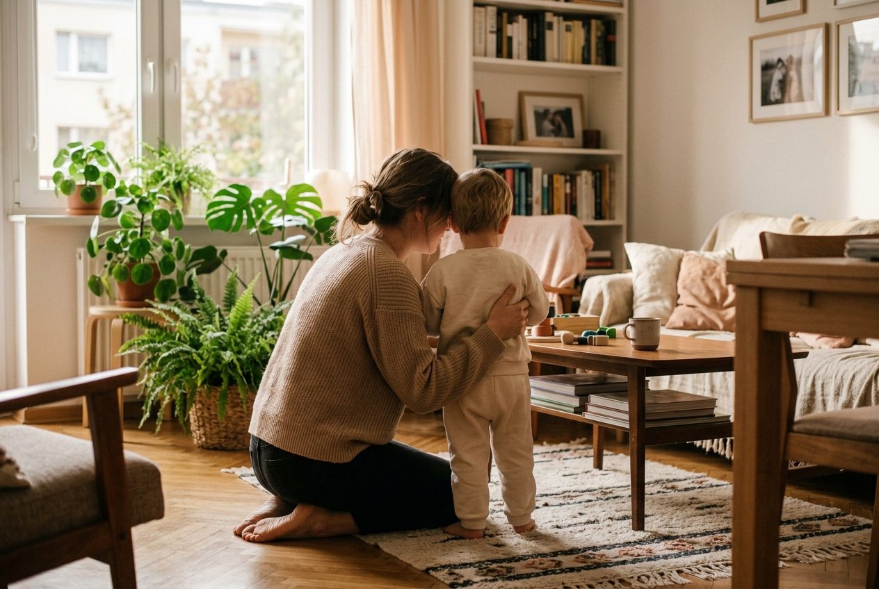 Mama i 7-letnia córka rozmawiają w salonie, kucanie na poziomie dziecka