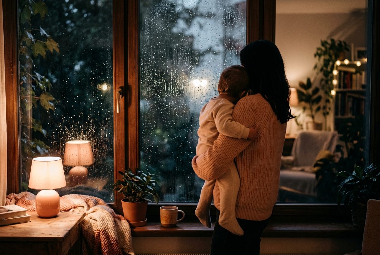 Mama z dzieckiem na rękach przy oknie w deszczową noc, miękkie światło lampki
