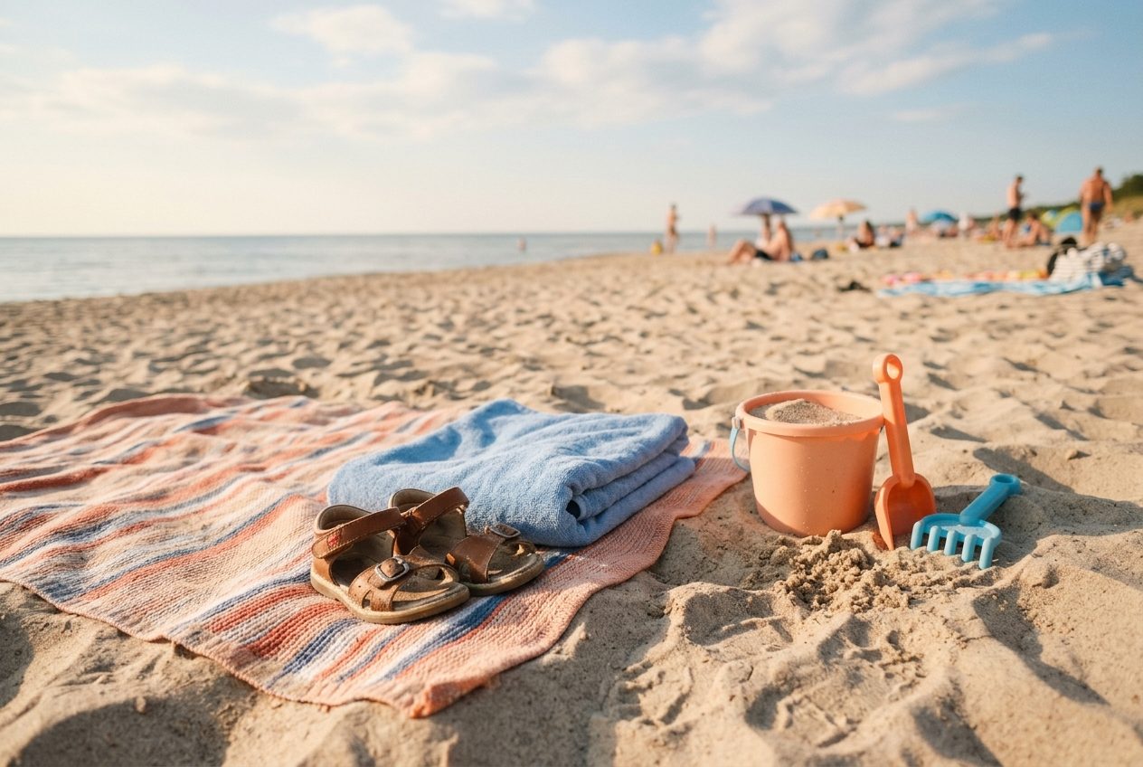 Małe sandałki dziecka na kocu plażowym z wiaderkiem i łopatką w ciepłym słońcu