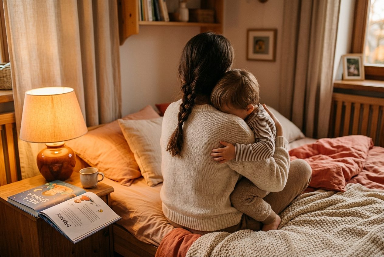 Mama przytulająca dziecko od tyłu w ciepłym świetle lampki nocnej, książka i koc, polski dom