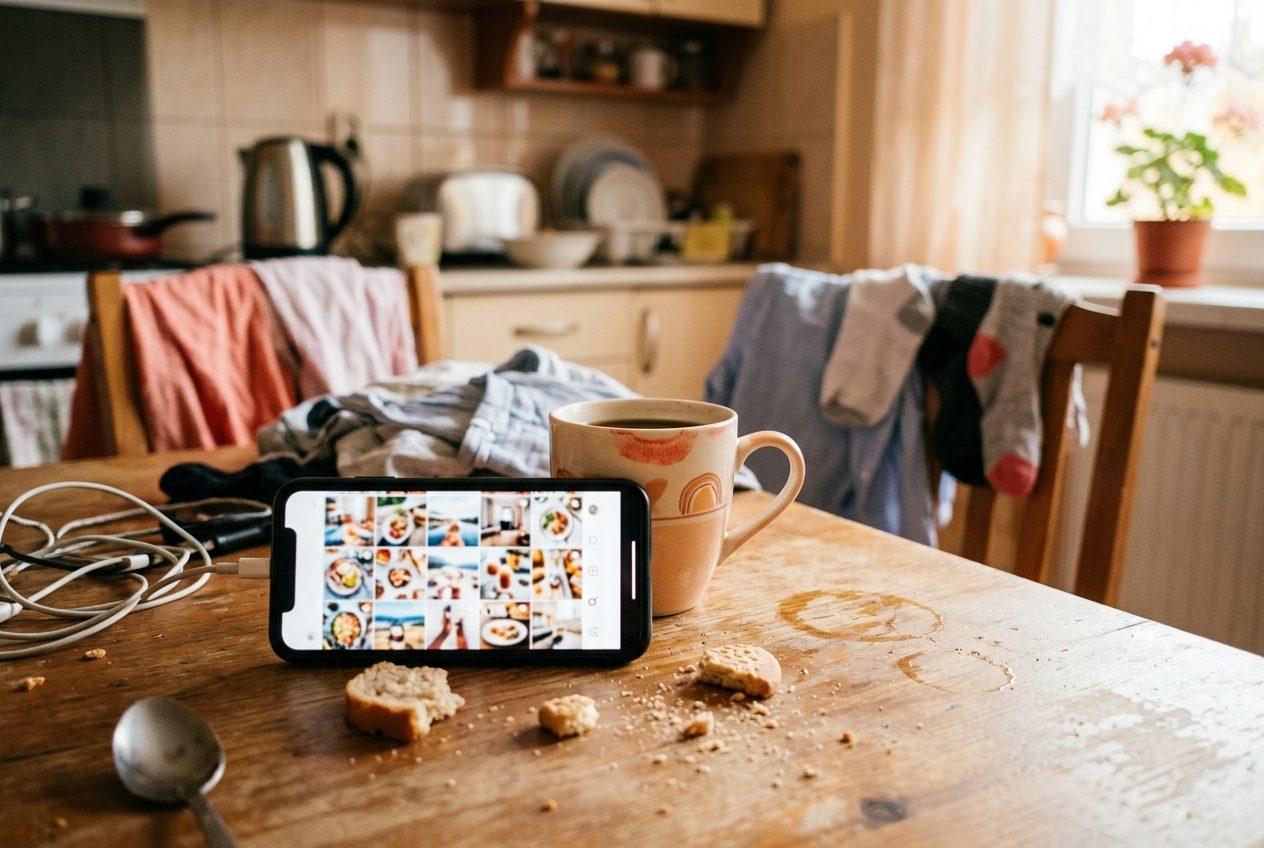 Telefon ze scrollowanym Instagramem na zagraconym blacie kuchennym, niedopita kawa, ciepłe światło popołudnia, polski dom