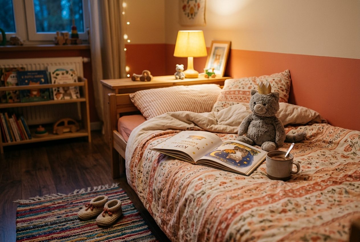 Książka Jego Wysokość Longin na łóżku obok pluszaka i lampki nocnej w pokoju dziecięcym