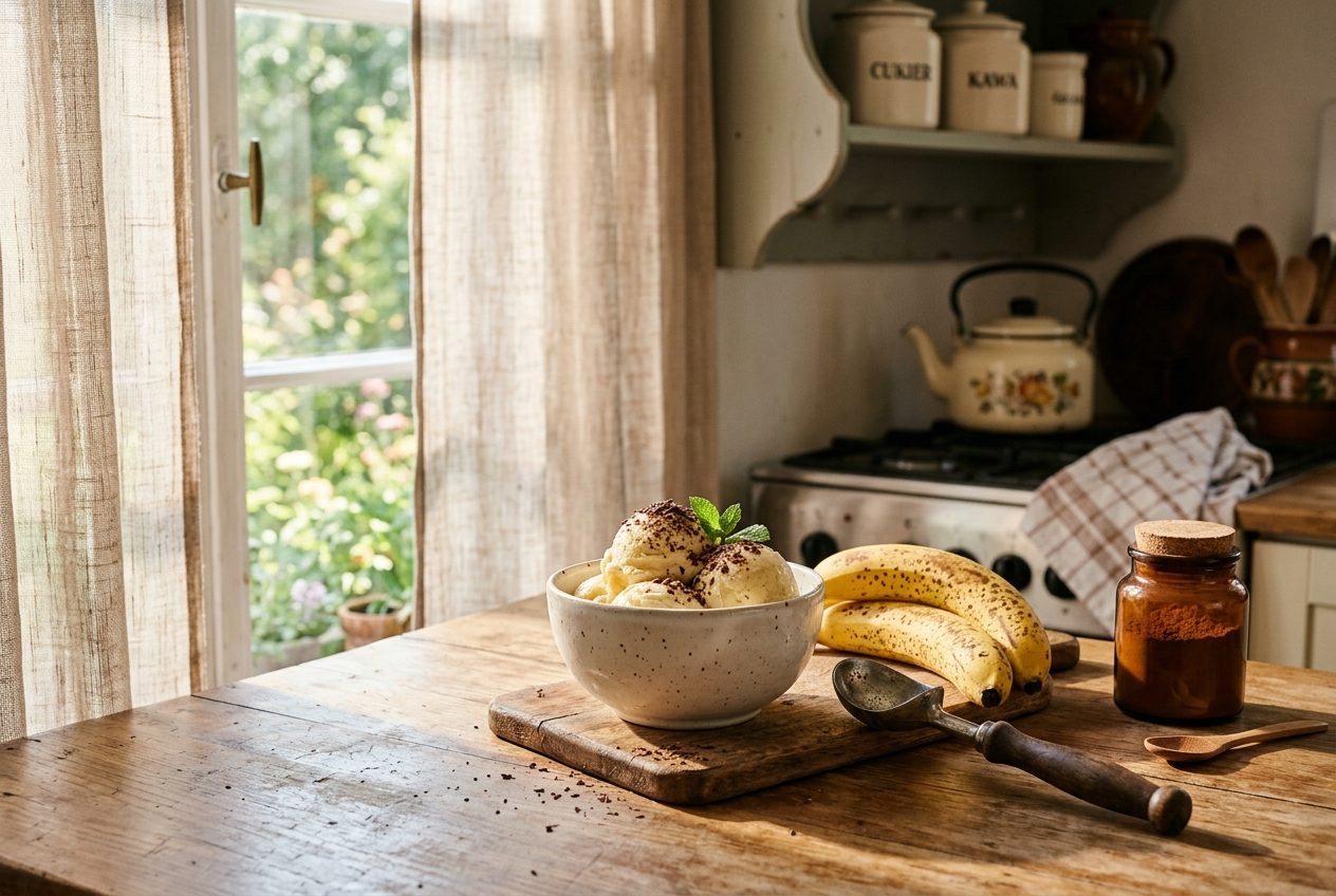 Domowe lody bananowe w ceramicznych miseczkach z plastrem banana i kakao