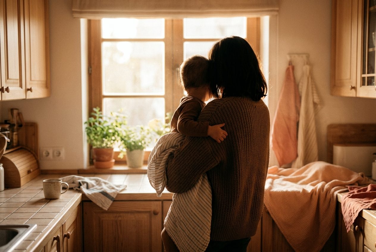 Mama przytulająca synka w słonecznej kuchni po porannej kłótni, ciepłe światło