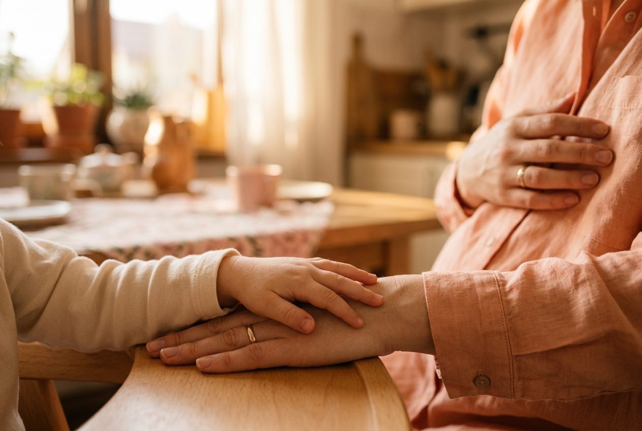 Mała dłoń dziecka oparta o dłoń matki w ciepłym popołudniowym świetle kuchni, polski dom