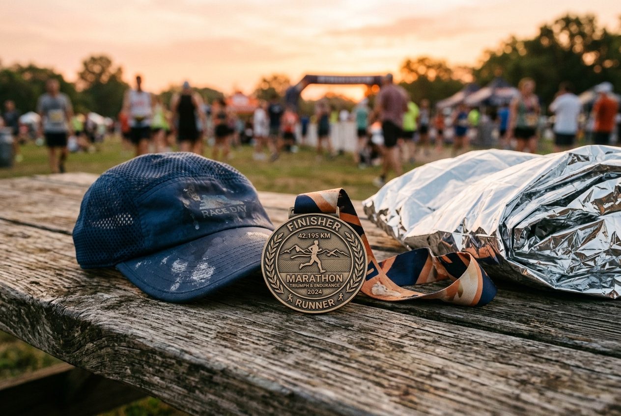 Medal maratoński na zniszczonym drewnianym stole, spocona biegowa czapka, folia termiczna w ciepłym świetle zachodzącego słońca