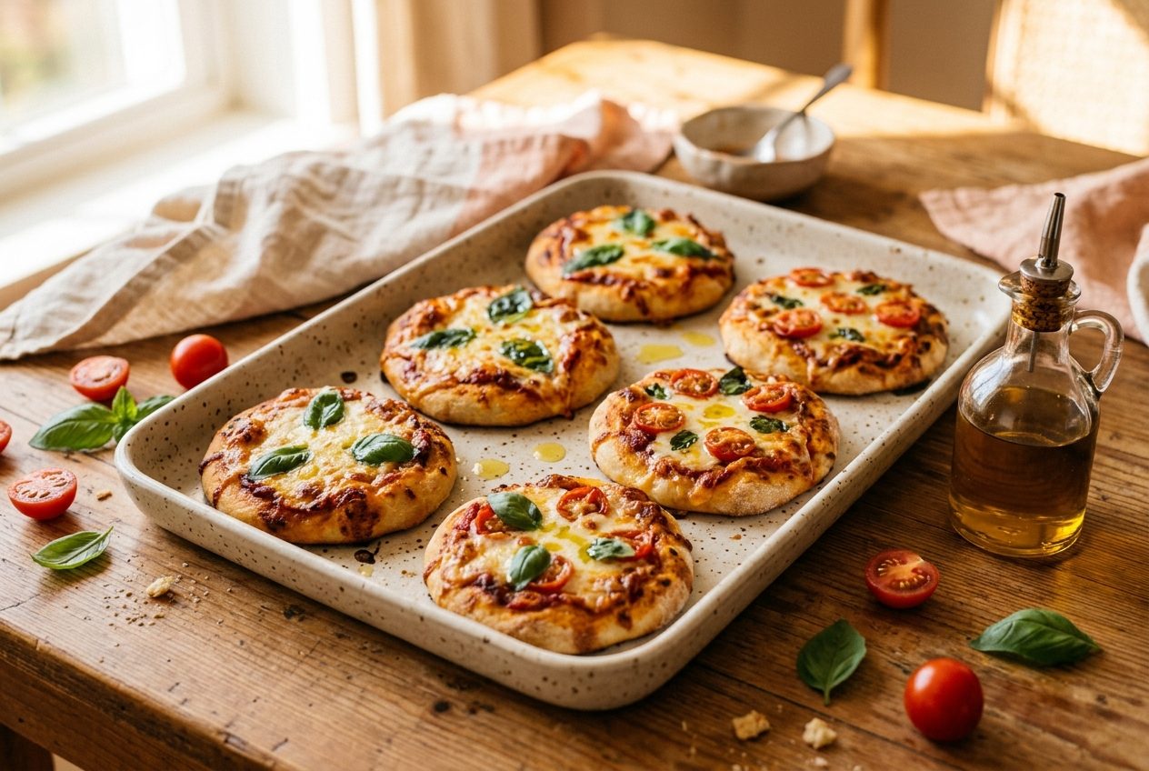 Taca mini pizz z roztopionym serem, listkami bazylii, pomidorkami cherry, w słonecznej kuchni