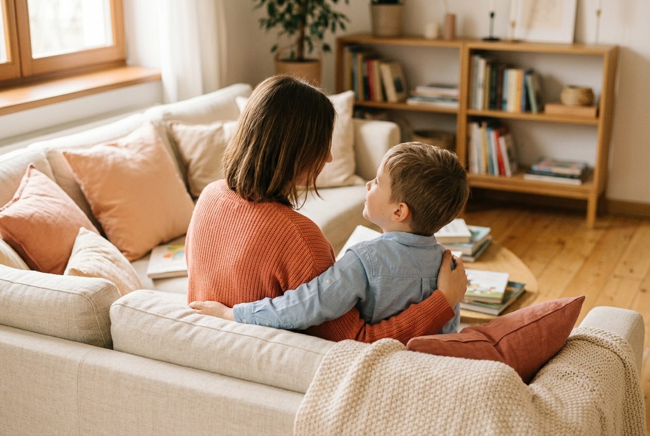 Mama i mały chłopiec siedzą na kanapie, rozmawiają, ciepłe światło