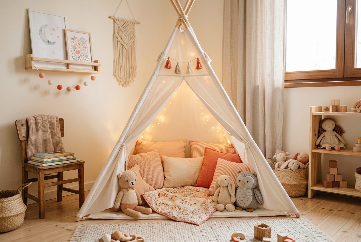 Białe tipi z lampkami w pokoju dziecka — DIY z bawełny i sosnowych kijków
