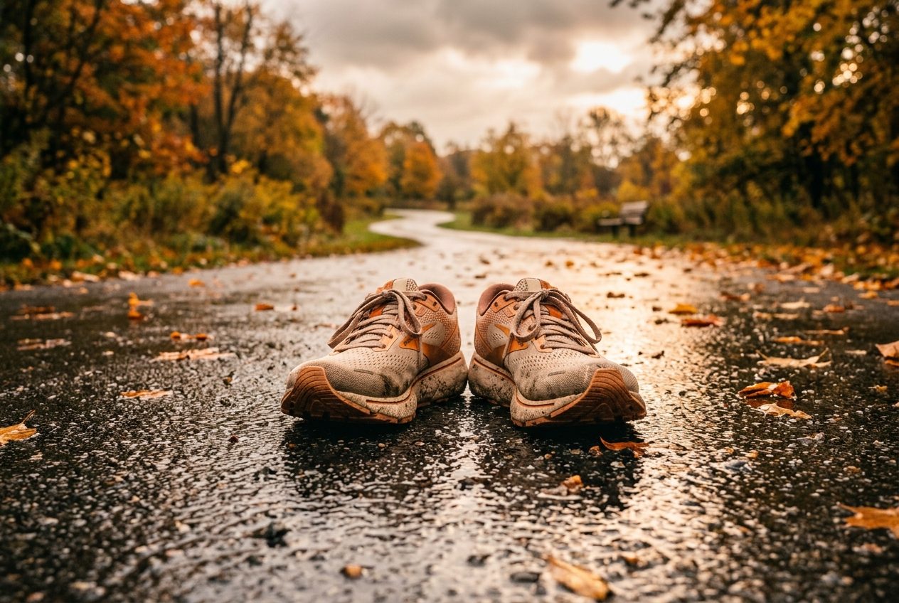 Zniszczone buty do biegania na mokrym asfalcie z kroplami deszczu