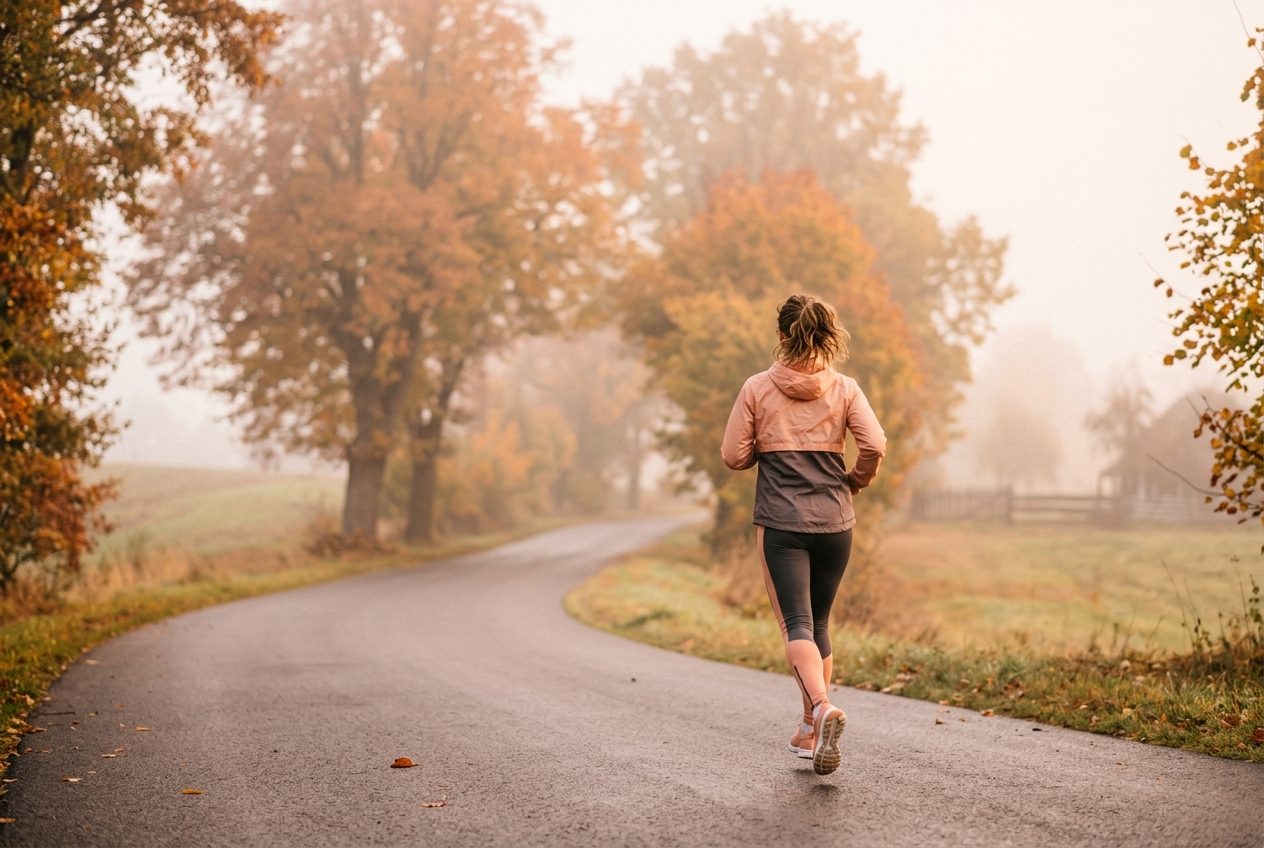 Biegaczka od tyłu na trasie półmaratonu w polskiej jesiennej mgle