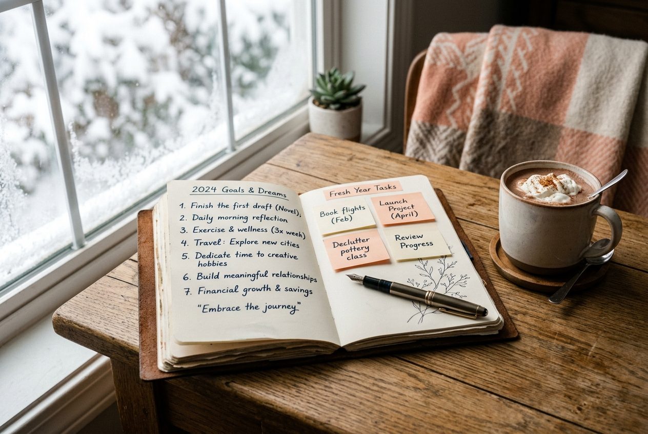 Otwarty notes z odręcznymi postanowieniami, kubek kakao i karteczki przy oknie