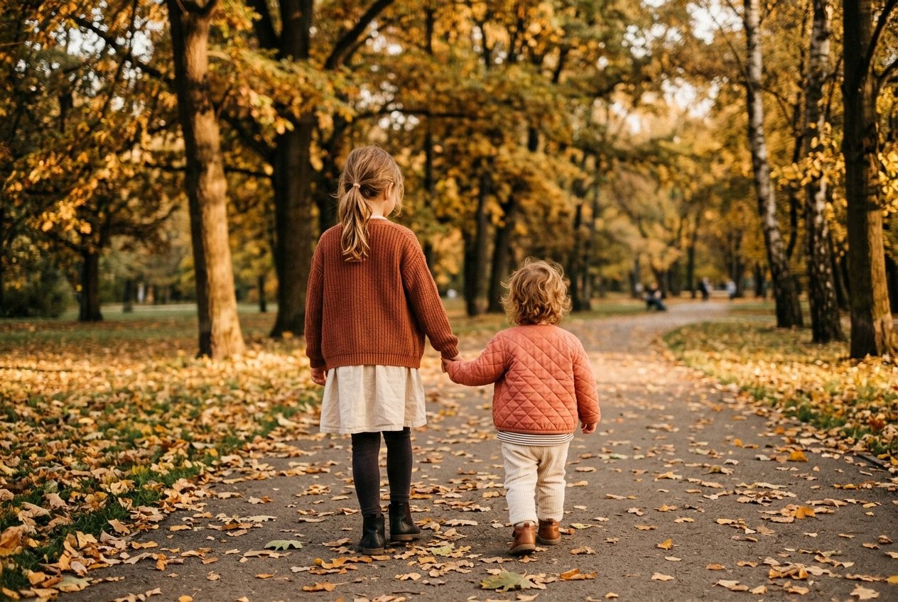 Dwoje rodzeństwa od tyłu — starsze trzyma za rękę młodsze, jesienny park