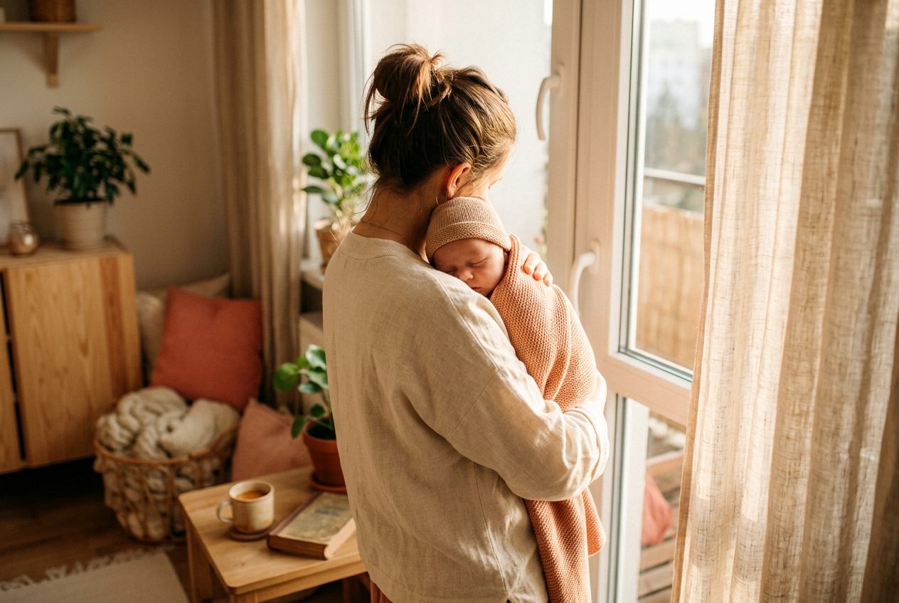 Mama trzyma na rękach noworodka przy oknie, miękkie poranne światło