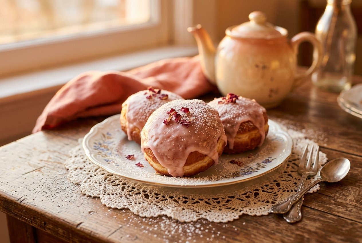 Polskie pączki z lukrem różanym na białym porcelanowym talerzu, posypane cukrem pudrem, ciepłe światło w kuchni