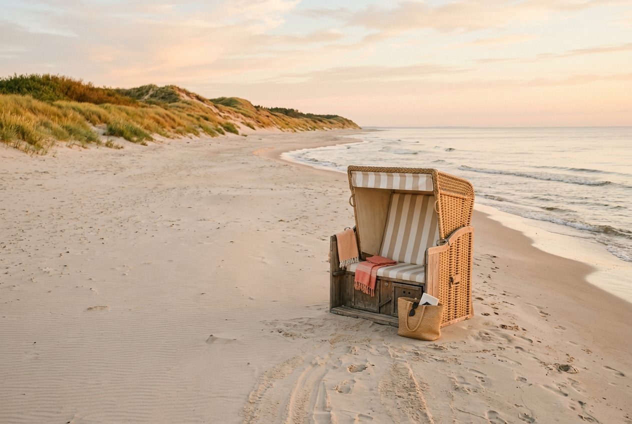 Pusta polska plaża nad Bałtykiem o poranku z parasolem i wiklinowym koszem plażowym