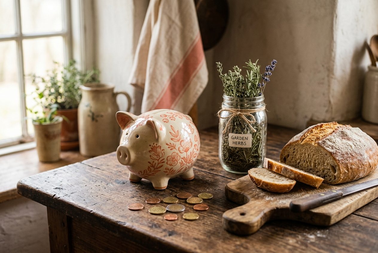 Ceramiczna świnka skarbonka z monetami, słoik z ziołami z ogródka, domowy chleb na desce — polska kuchnia w ciepłych tonach