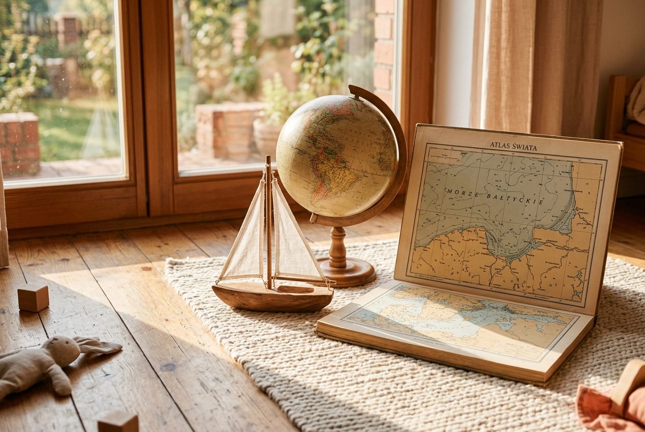 Dziecięcy globus, żaglówka z drewna i atlas otwarte na stronie z mapą morską